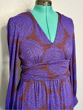 Boden Wrap Midi Dress 10 Purple Brown Medallion Print Long Sleeve NWT